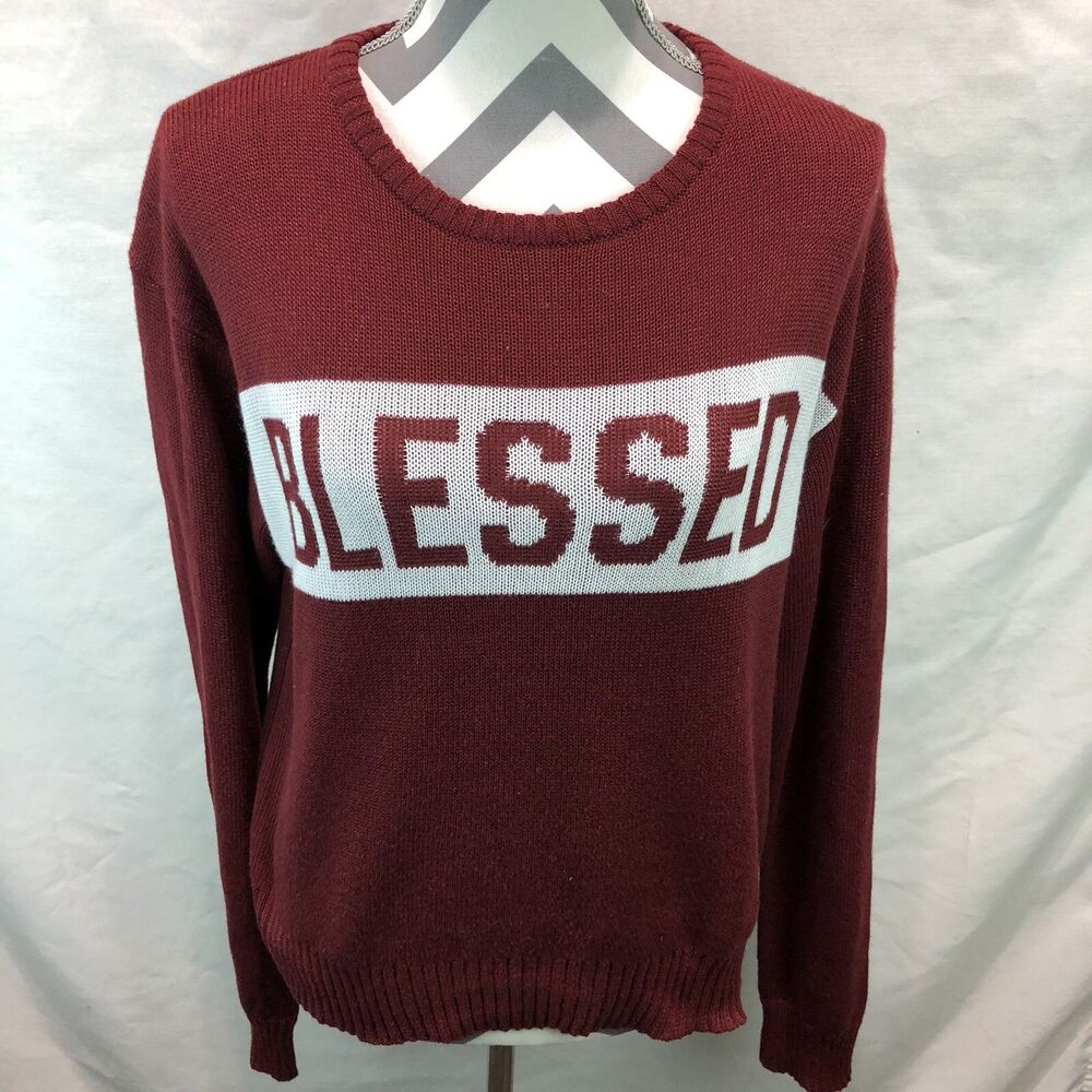 MODERN LUX BLESSED Pullover Long Sleeve Crew Neck Knit Sweater Maroon Medium OC1